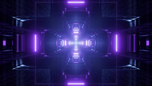 3D Rendering Of Futuristic Bright Neon Purple Fractal Cross Shaped Particles In Dark