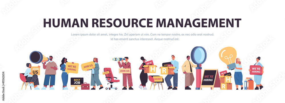 set mix race hr managers holding we are hiring join us posters vacancy open recruitment human resources concept horizontal full length copy space vector illustration - obrazy, fototapety, plakaty 