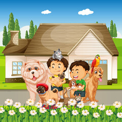 Wall Mural - Outdoor scene with group of pet and children