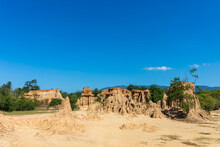 Landscape Photo Of Sandstone Pillars With Blue Sky At Sao Din Na Noi, Sri Nan National Park, Nan Province, Thailand.