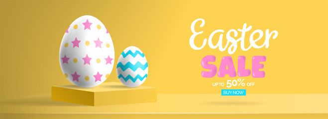 Wall Mural - Easter sale web banner design with 3d eggs on podium, yellow background, trendy vector illustration.