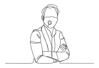 Wall Mural - A business man wearing protective face mask to prevent virus infection. Continuous one line drawing