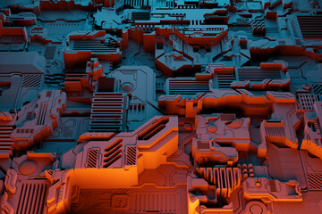 detail of a futuristic machine. 3d illustration of a futuristic wall made of various details under o