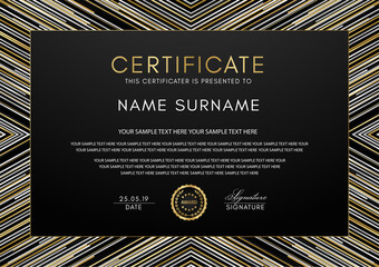 Wall Mural - Certificate template with geometry gold, black, silver line frame and badge on black background. Design for Diploma, certificate of appreciation or award