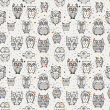 Seamless Doodle Owl Pattern. Cute Print For Kids, Scrap And Other
