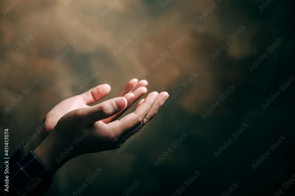 praying hands with faith in religion and belief in God on blessing ...