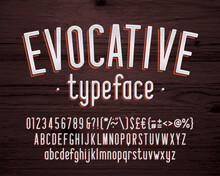 Evocative Alphabet Font. Vintage Condensed Letters, Numbers And Symbols. Uppercase And Lowercase. Stock Vector Typescript For Your Typography Design.