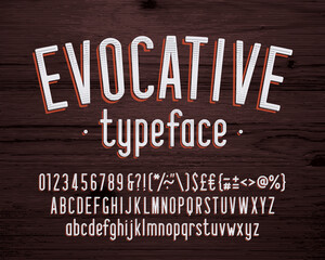 evocative alphabet font. vintage condensed letters, numbers and symbols. uppercase and lowercase. st