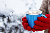 woman hands holding mug with hot cocoa