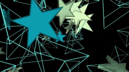Wall Mural - isolated black background. abstract close-up of transparent pyramids, green, blue stars flying and r