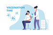© faber14 - Coronavirus vaccination. Woman in face mask getting vaccinated against Covid-19 in hospital. Doctor giving Corona virus vaccine injection injecting patient. Vector illustration.