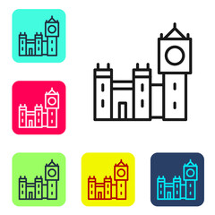 Wall Mural - Black line Big Ben tower icon isolated on white background. Symbol of London and United Kingdom. Set icons in color square buttons. Vector.