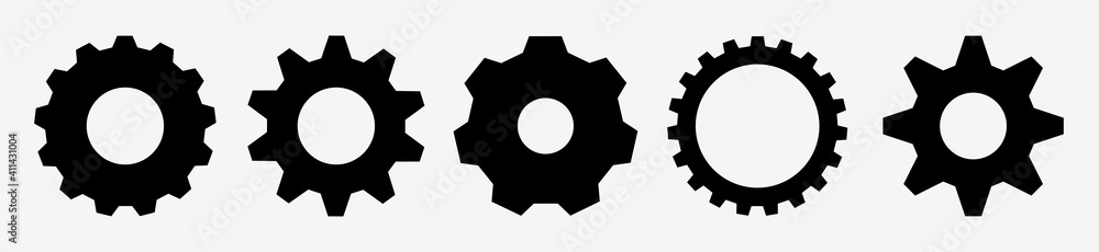 Gear setting vector icon set. Isolated black gears mechanism and cog wheel on white background. Progress or construction concept. Cogwheel icons UI vector. - obrazy, fototapety, plakaty 