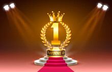Winner Stage Podium With Lighting, Stage Podium Scene With For Award Ceremony On Red Background, Vector