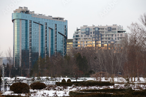 View from the city park to the modern building. © indigolotos