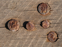Old Dark Scratched Wooden Board With Heads Of Rusted Iron Nails.

Rusted Nails In A Wooden Board