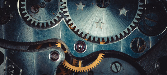 Wall Mural - Vintage watch movement close - up. Selective focus on elements, macro photography. Background in steampunk style. Metallic grunge texture. Easy image tinting