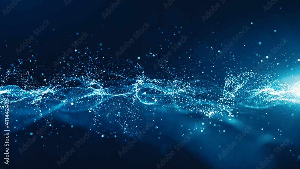 Abstract Blue Color Digital Particles Wave With Bokeh And Light Background - obrazy, fototapety, plakaty 