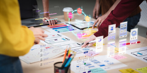close up ux developer and ui designer use augmented reality brainstorming about mobile app interface