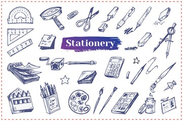 Stationery and school accessories hand drawn vector icons. Doodle illustrations of office supplies and tools