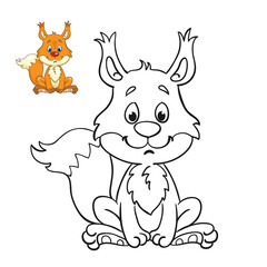 Poster - Little cute squirrel sitting. Black and white picture for coloring book with a colorful example. In cartoon style. Isolated on white background. Vector illustration.