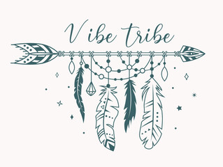 Wall Mural - indian arrow with feathers beads and threads. tribal vintage dreamcatcher. ethnic design element. bo