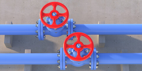 Wall Mural - Industrial water pipes blue color and valves on concrete wall background. 3d illustration