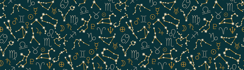 Wall Mural - set of signs of the zodiac, constellations. horoscope symbols, stars, planets and moon phases. patte