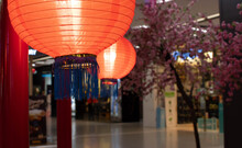 Chinese Lanterns In The Chinese New Year Festival February. Chinese Lanterns Are Lit Up At Night, Decorated In A Shopping Mall.