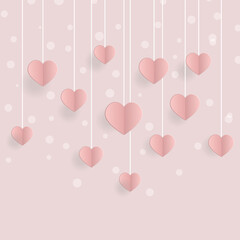 Wall Mural - Web banner with a decoration of hanging paper hearts on a pastel pink background. Decorative holiday banner, holiday web poster, romantic flyer, brochure.
