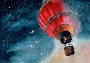 Watercolor illustration of a red air baloon in starry night sky with white seagulls
