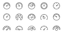 Speedometer Icon Set. Gauge, Dashboard, Indicator, Scale. Vector Thin Line Icons.