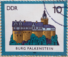 GERMANY, DDR - CIRCA 1984 : A Postage Stamp From Germany, GDR Showing A Drawing Of The Historic Falkenstein Castle (Hettstedt District) (12th Century)