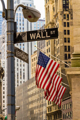 sign of wall street in new york on a street lamp with three american flags and buildings in the back