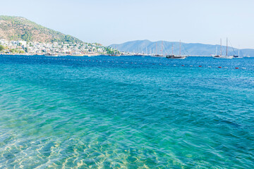 Wall Mural - Shore and coast of Aegean Sea with yachts View of the Bodrum, Turkey. Traveling concept background.