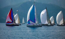 Sail Boat Yacht Race Regatta With Multi Colorful Spinnaker Sails And Mountain Background