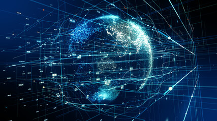 Abstract Digital data global hologram technology Cyber space Background. Futuristic Technology Earth business concept of connections and information.	