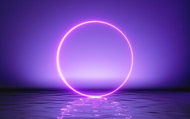 3d render, abstract geometric background, glowing pink ring, neon round frame and reflection in the water. Minimal futuristic blank showcase scene for product presentation
