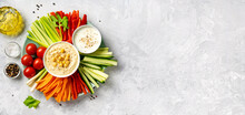Top View Of Platter With Healthy Raw Vegetable Sticks On Light Background With Copy Space. Long Banner. Healthy Raw Vegetarian Food Rich Of Vitamins And Microelements