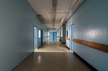 Blue Clean Hallway In An Abandoned Mental Asylum