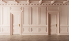 Classic Luxury Empty Room With Boiserie On The Wall. Pink Colored
