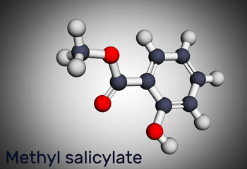 Wall Mural - Methyl salicylate, wintergreen oil molecule. It is methyl ester of salicylic acid, flavouring agent, metabolite, insect attractant. Molecular model. 3D rendering