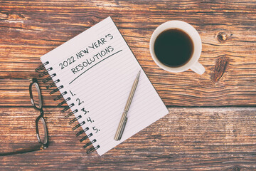 Wall Mural - 2022 New Year's Resolution list on note pad with cup of coffee, eyeglasses and pen.