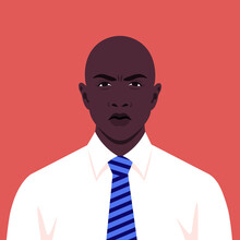 Avatar Of An Angry Man. Portrait Of An African Businessman In A White Shirt With A Tie. Vector Illustration In Flat Style
