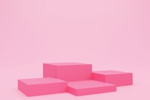 3D Rendering Of Pink Cube Podium Or Pedestal With Empty Studio Room, Product Background, Template Mockup For Valentine's Day Display, Love Concept, Geometric Of Square Shape