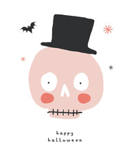 Happy Halloween. Bat, Stars And Pink Skull In A Black Hat Isolated On A White Background. Cute Pink Halloween Party Vector Illustration Ideal For Card, Wall Art, Poster, Decoration. Scary Doodle.