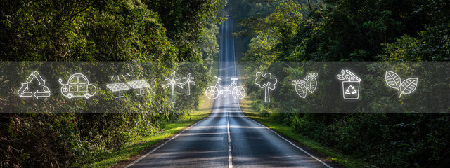 eco environment and nature concept, nature road to tropical forest green field countryside, with icon of ecological renewable energy and eco-friendly lifestyle