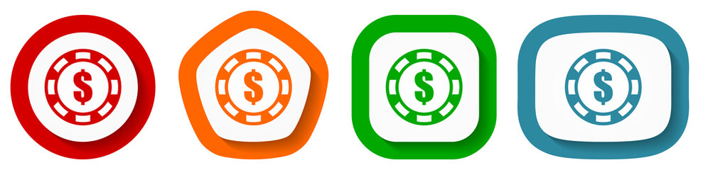 Leinwandbilder - Casino chip vector icon set, flat design buttons on white background for webdesign and mobile phone apps