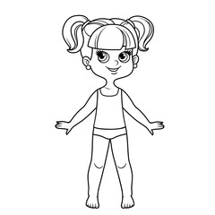 Sticker - Cute cartoon girl dressed in underwear and barefoot with hairstyle two ponytails outline for coloring on a white background