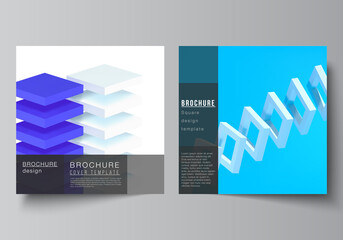 Vector layout of two square format covers templates for brochure, flyer, cover design, book design, brochure cover. 3d render vector composition with dynamic realistic geometric blue shapes in motion.